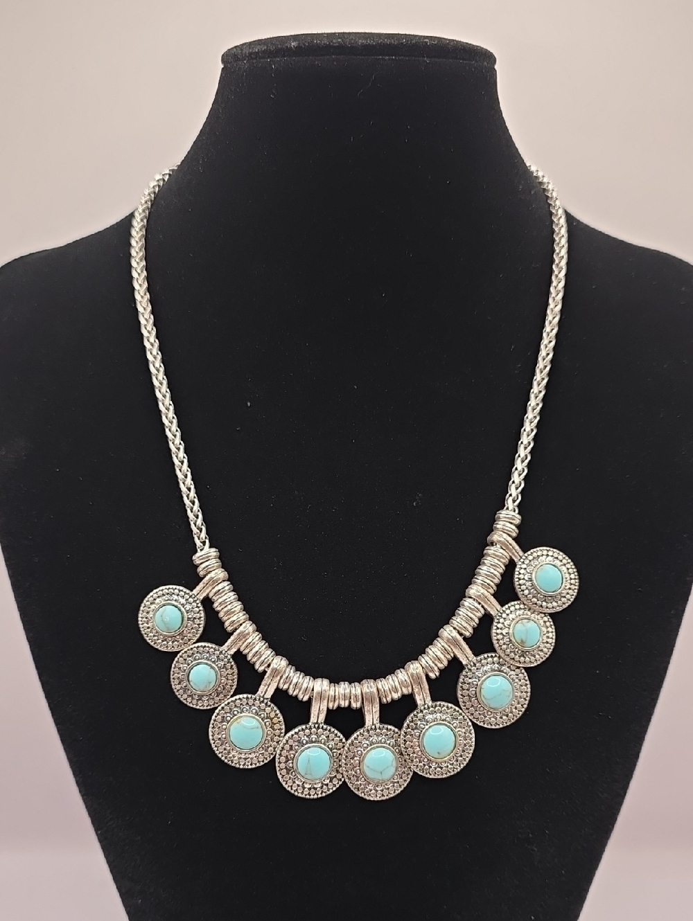 South West Style Necklace with Faux Turquoise Accent Discs